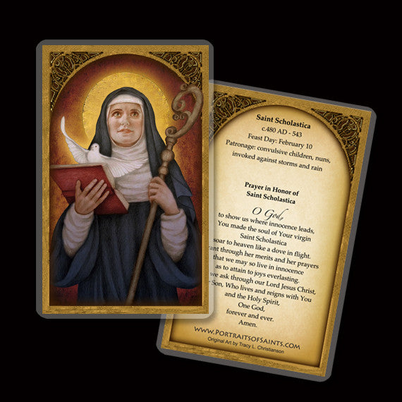 St. Scholastica Wood Icon & Holy Card GIFT SET, Catholic Patron Saint  invoked against storms